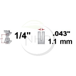 Chaîne tronçonneuse prédécoupée Semi-carrée, pas 1/4, jauge .043, 1.1 mm, 56 maillons, 56 entraineurs