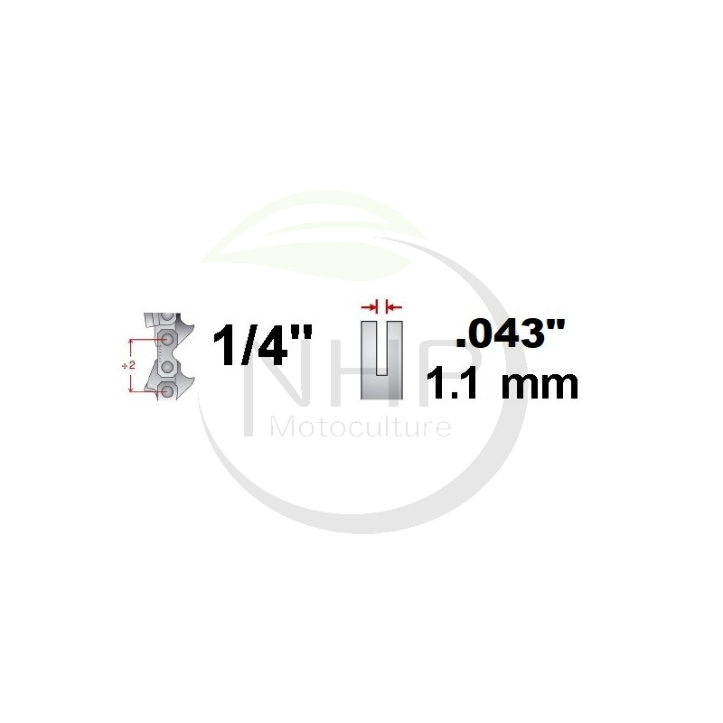 Chaîne tronçonneuse prédécoupée Semi-carrée, pas 1/4, jauge .043, 1.1 mm, 56 maillons, 56 entraineurs